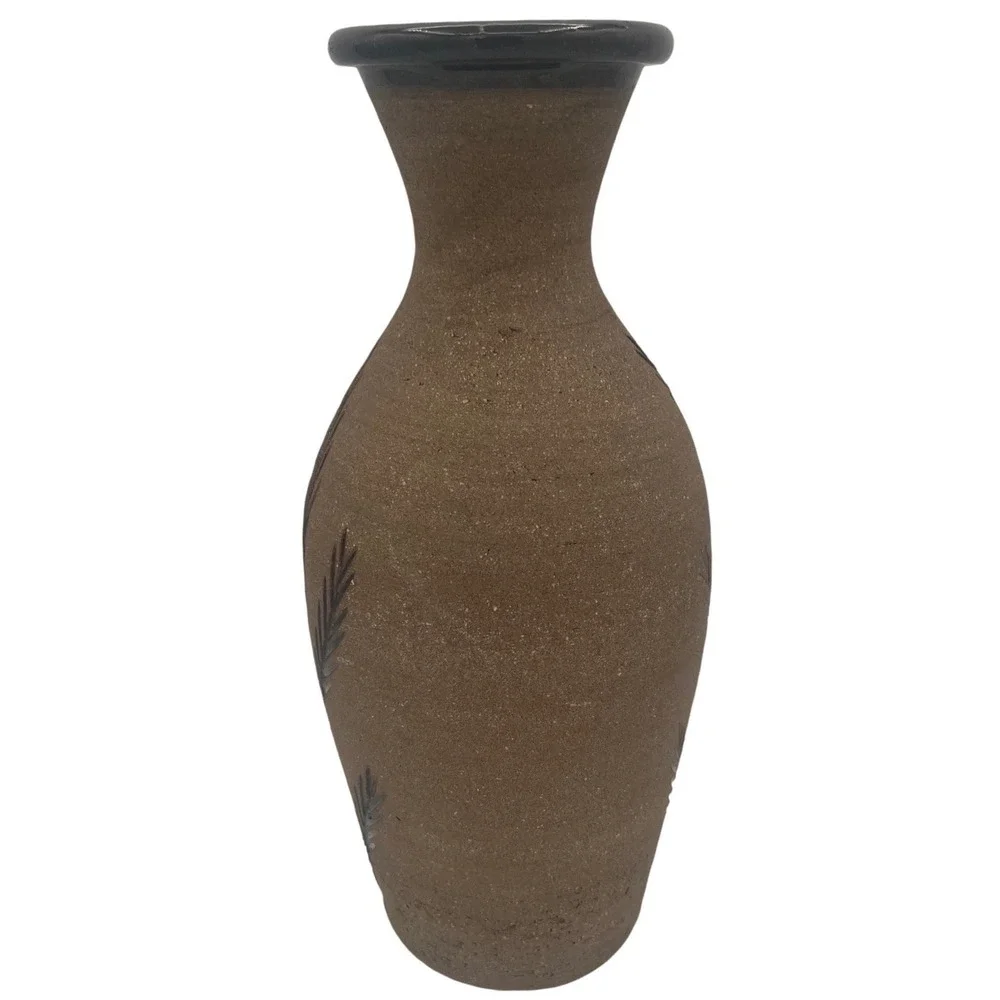Earth Ware Pottery Vase Signed Fossil Plant Pattern Large Brown‎ Color